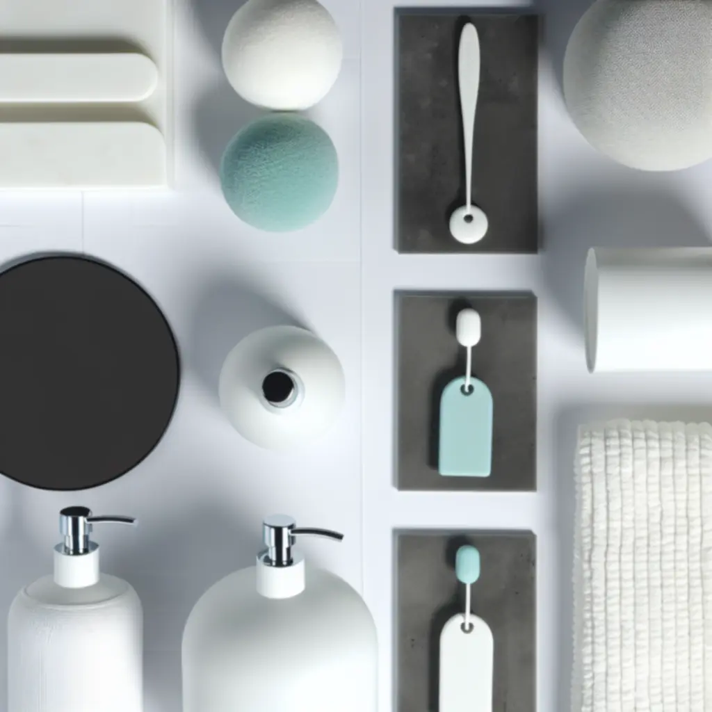 Zestaw eleganckich akcesoriów łazienkowych na tle jasnej łazienki